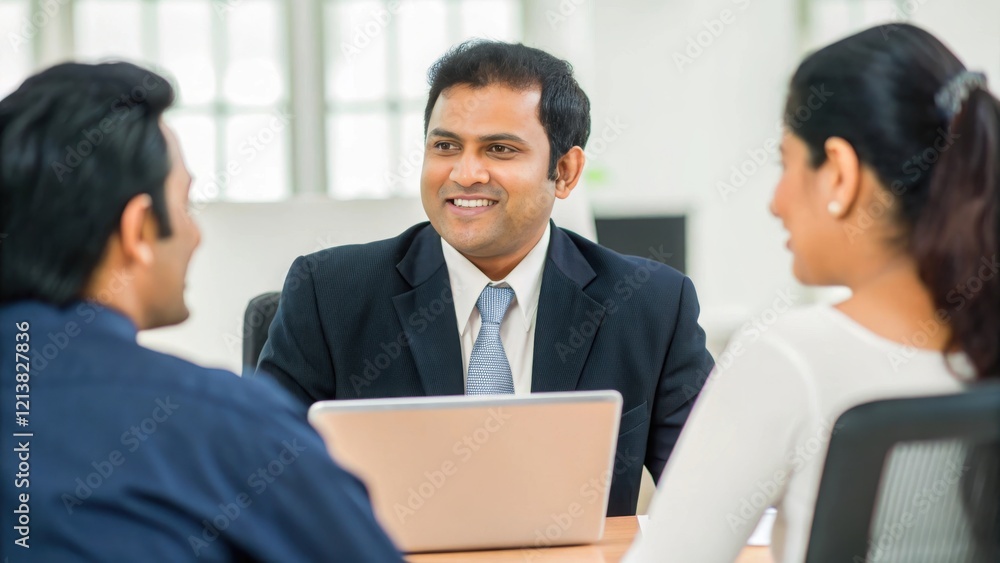 Indian HR Representative Discussing Benefits - An Indian HR representative discussing employee benefits and policies with staff members in an office.
