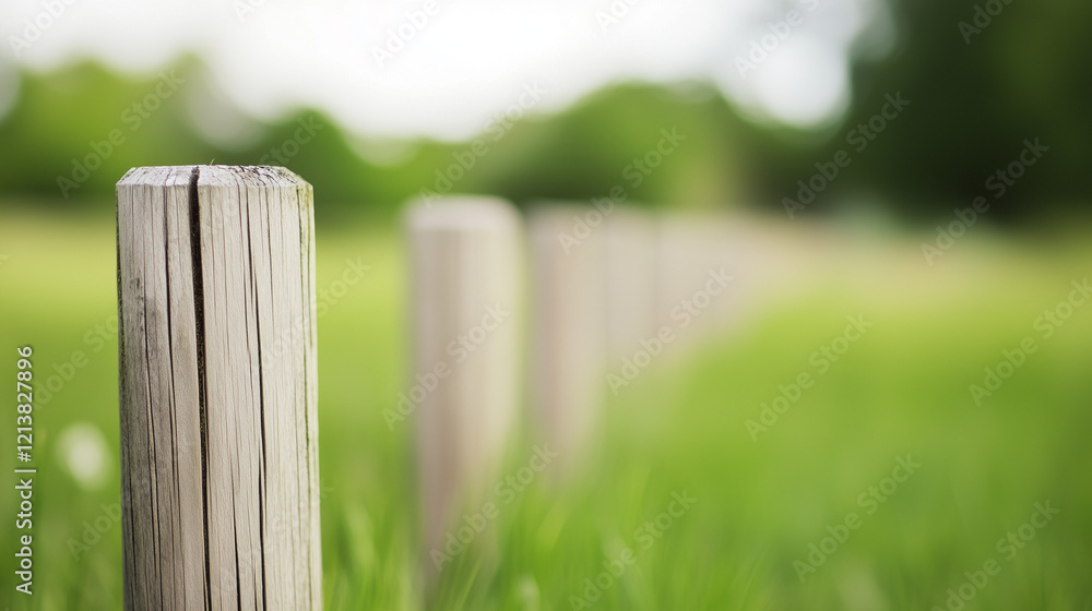 Fototapeta premium Rustic Fence Posts in a Meadow: A shallow depth of field emphasizes weathered wooden fence posts standing tall in a lush green meadow, showcasing the beauty of simple, natural elements. 