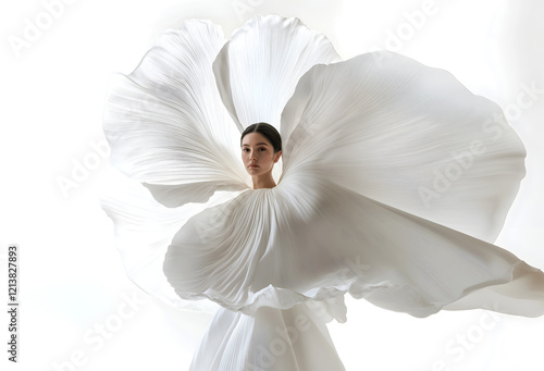 Fashion editorial Concept. Brunette woman of high fashion couture tulle flowing conceptual and pleats petal like white bridal angel dress flow. dynamic composition dramatic lighting. copy text space photo