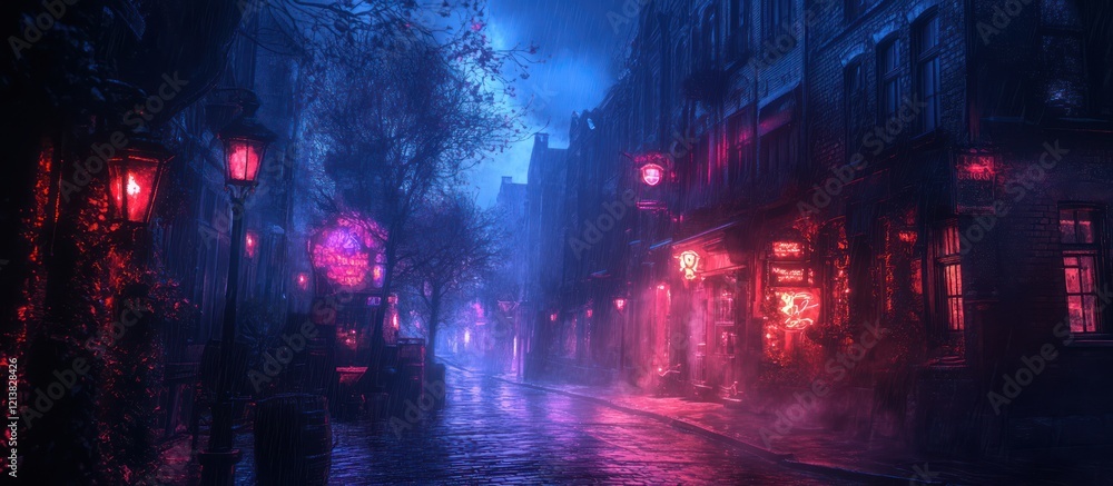 Obraz premium Neon-lit Night Street, Foggy, Rainy