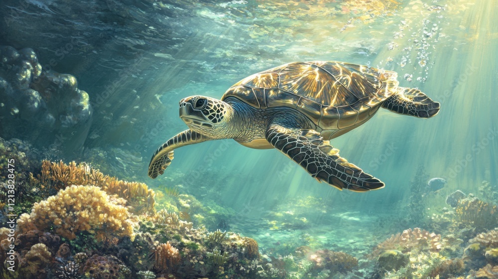 Obraz premium Turtle swimming gracefully underwater in clear ocean waters
