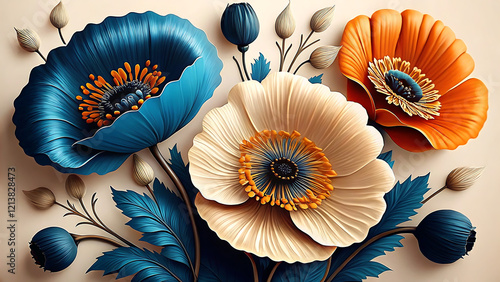 Stylish 3D Poppy Design Bold Midnight Blue, Burnt Orange, and Sky Blue, Ai Image