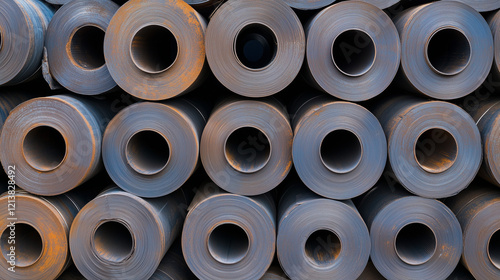 Steel Coil Stacks: A captivating close-up shot of neatly stacked steel coils, showcasing the industrial strength and metallic texture. The image offers a compelling visual pattern.  photo