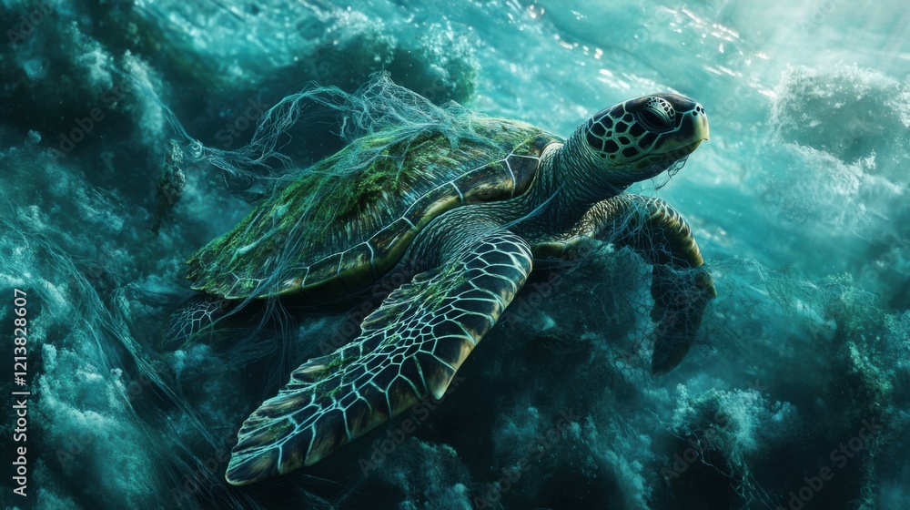 Fototapeta premium A turtle swimming gracefully in clear ocean water surrounded by coral and marine life