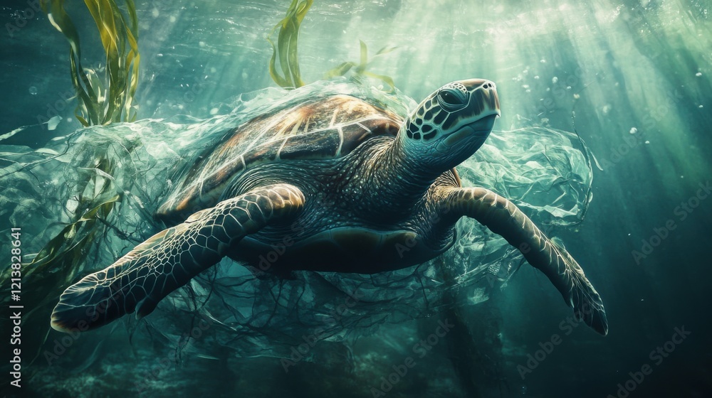 Obraz premium Turtle swimming in polluted sea surrounded by plastic waste and debris