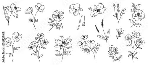 Set of hand drawn botanical flower line art vector. Collection black white contour drawing of foliage, wildflower, poppy, peony, eucalyptus. Illustration design for logo, wedding, invitation, decor.