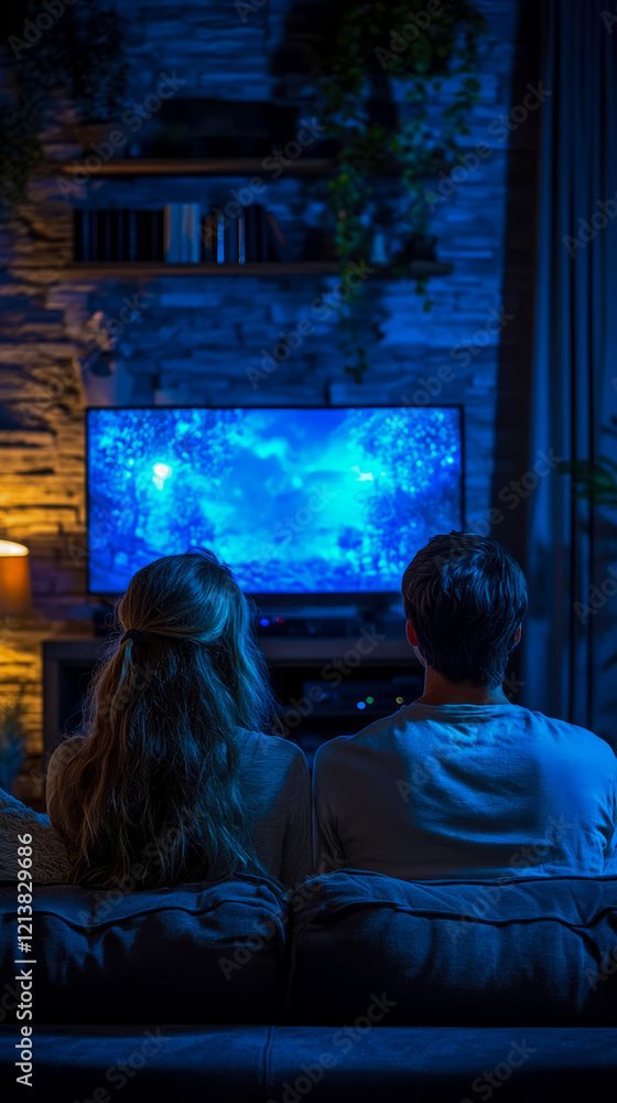 Couple Enjoying Home Entertainment: Immersive TV Viewing Experience in a Cozy Living Room Couple Enjoying Home Entertainment: Immersive TV Viewing Experience in a Cozy Living Room
