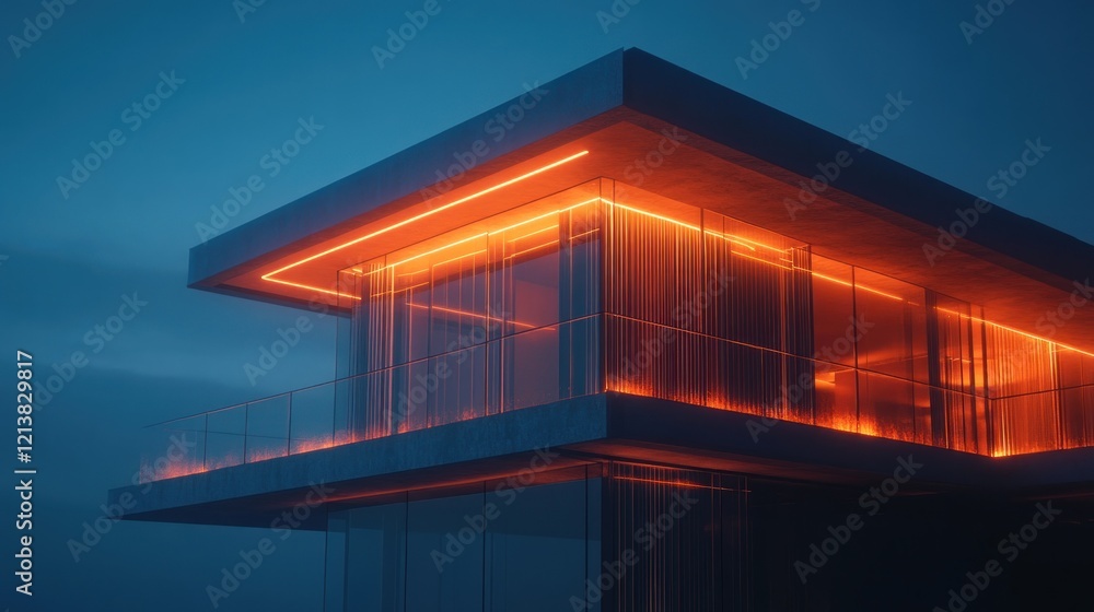 Fototapeta premium Modern house, night, orange lights, balcony, coastal