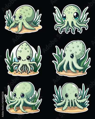 A collection of six adorable cartoon octopus stickers, each in a light green color, set against a backdrop of sandy ocean floors and sea grass photo