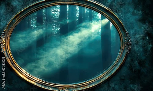 A mystical mirror reflects a foggy forest scene, creating an enchanting and surreal atmosphere.