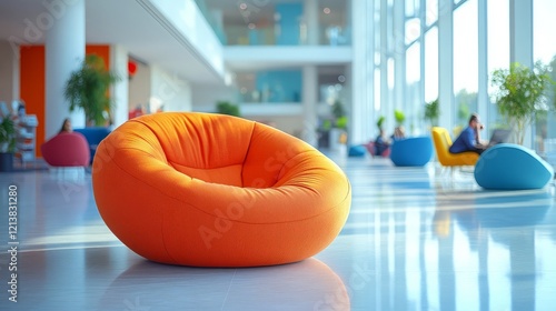 Bright and cozy orange bean bag chair in a modern airy interior space. photo