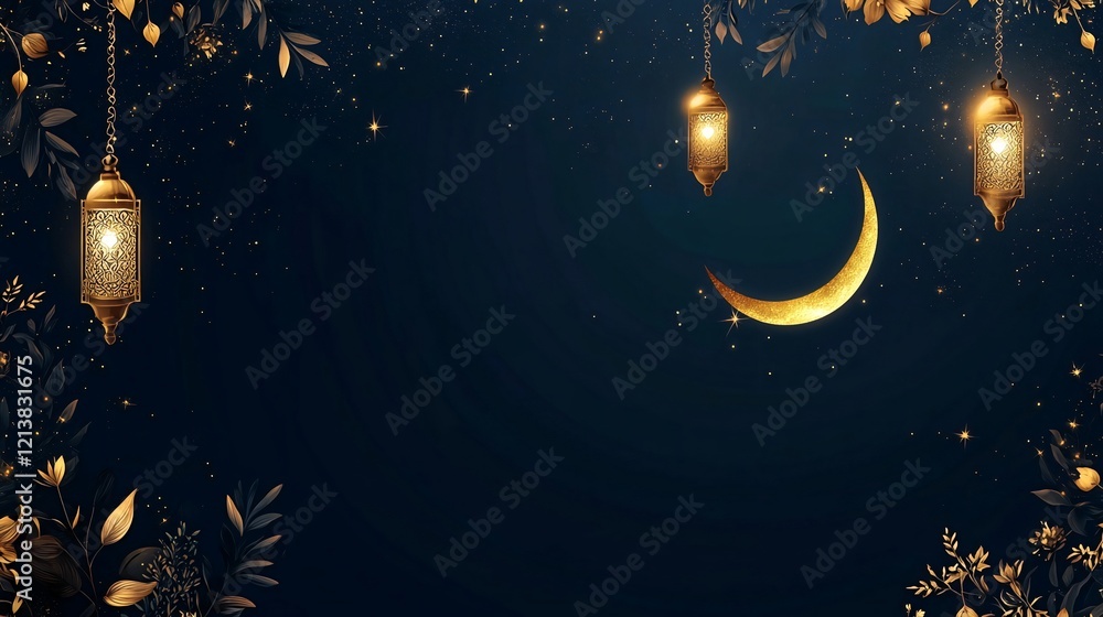 Fototapeta premium Golden crescent moon, lanterns, night sky, celebration background