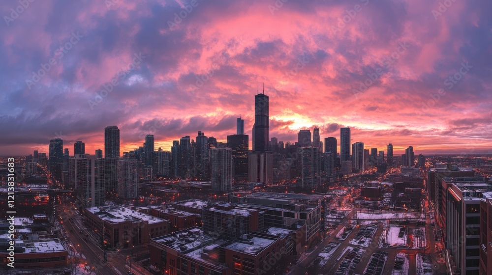 Fototapeta premium City skyline silhouette against a vibrant pink sky during sunset with clouds and urban buildings in view