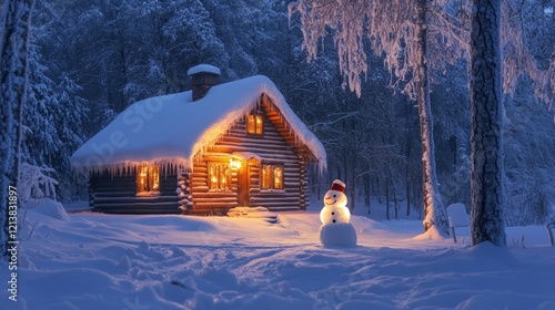 Cozy log cabin completely enlightened in blanketed winter woodland with snowman at observe before get-away domestic