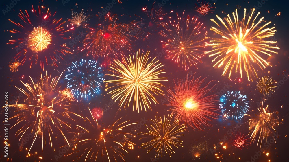 Fototapeta premium Fireworks in red and white bursting in the sky, creating a festive atmosphere
