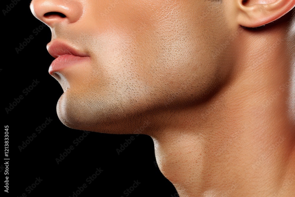 Obraz premium A close-up profile of a man's face showcasing his defined jawline and smooth skin against a black background.