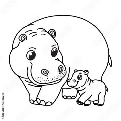 Line art of mother hippo looking at her baby cartoon vector