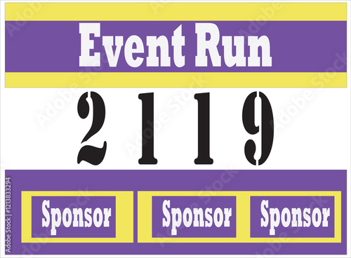 Purple colored marathon number bib isolated on yellow