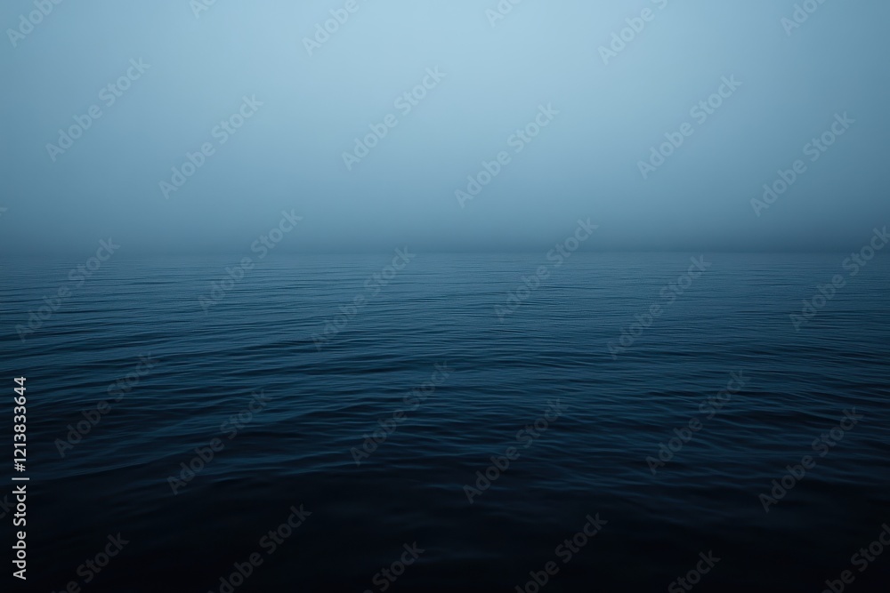 Fototapeta premium Misty morning calm envelops the tranquil waters at dawn, invoking serenity and reflection in a quiet coastal landscape. Generative AI