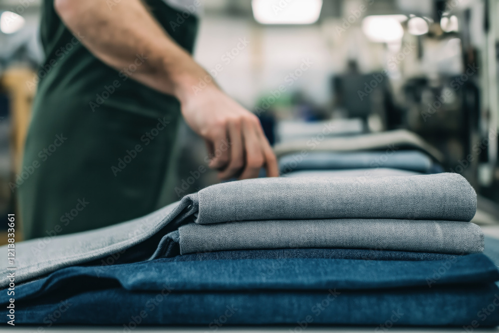 Fototapeta premium Worker folding denim fabric in a textile factory setting