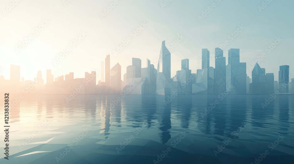 Creative polygonal mesh design of a waterfront city skyline suitable for wallpaper Concept of smart cities and web network connectivity Creative polygonal mesh design of a waterfront city skyline suitable for wallpaper Concept of smart cities and web network connectivity