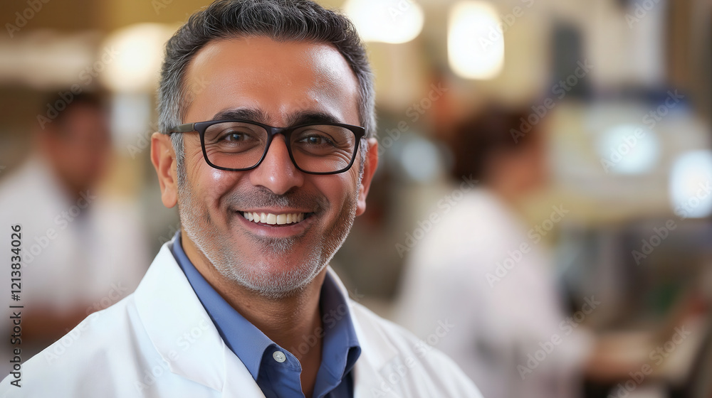 Confident Arab man smiling in laboratory setting Confident Arab man smiling in laboratory setting
