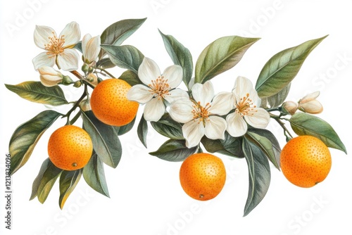 Neroli twig. Isolated Citrus aurantium with a bloom and fruit branch. Generative Ai