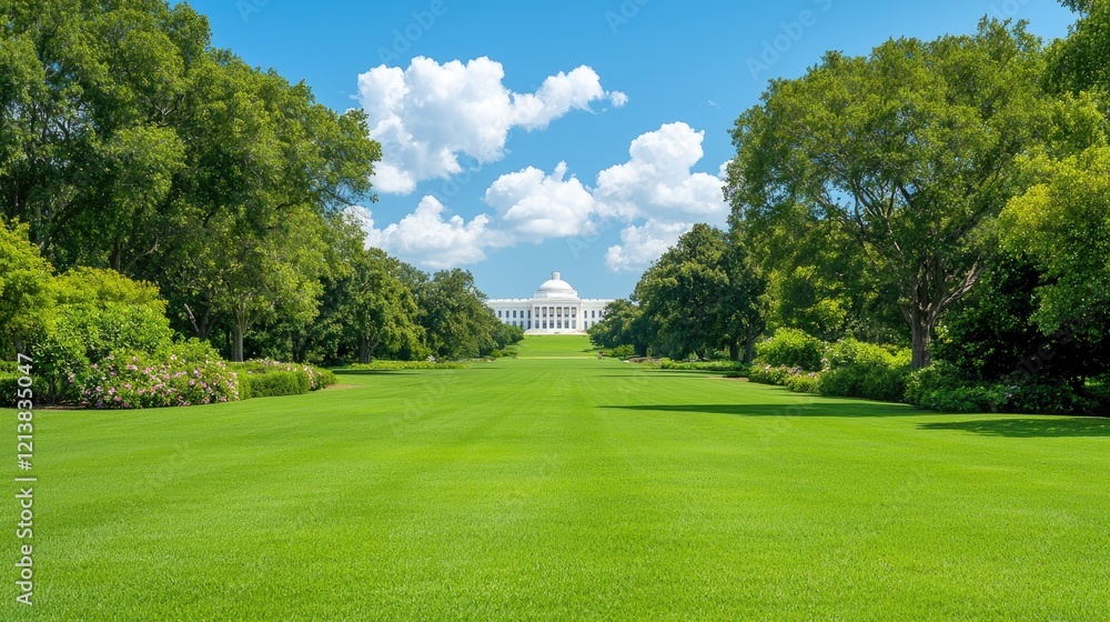 Fototapeta premium Lush green lawn of the National Mall leading towards the United States Capitol dome under a bright blue sky in Washington DC.
