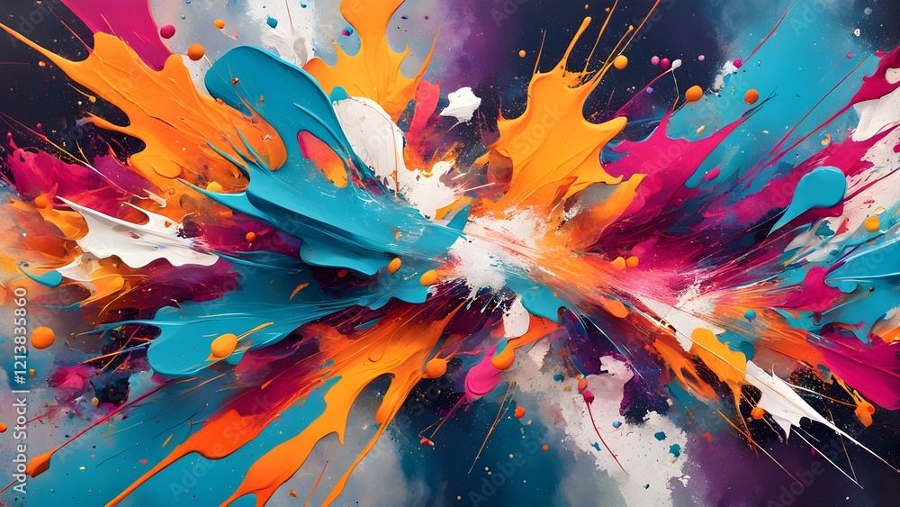 Abstract vibrant paint explosion with teal, orange, pink, and white splashes on a dark background. Abstract vibrant paint explosion with teal, orange, pink, and white splashes on a dark background.