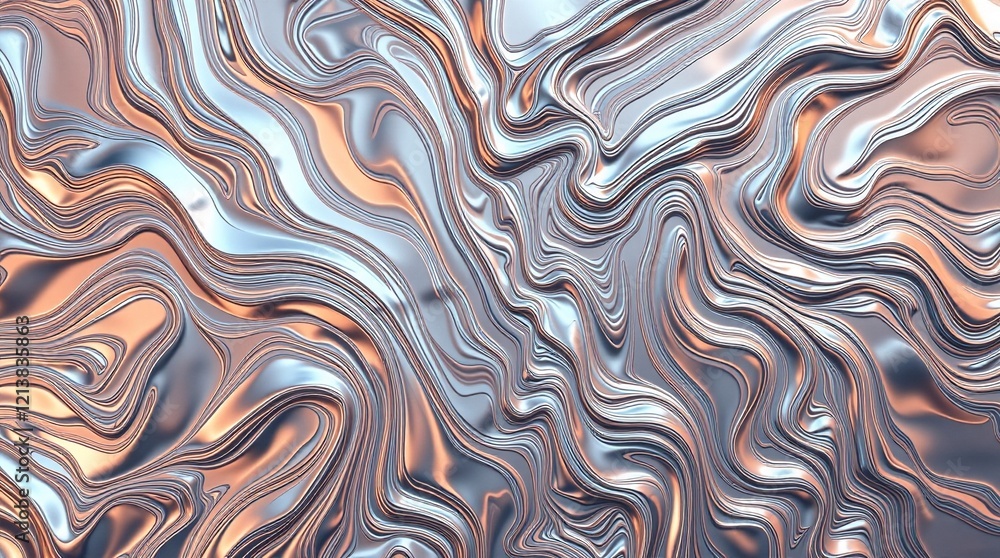 Fototapeta premium Abstract Metallic Texture with Flowing Lines, Silver, Blue, and Orange Tones, and a Shiny, Reflective Surface