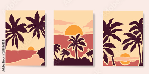 Abstract summer background poster vector. Minimal hand drawn wallpaper design with coconut tree, sunset, sea, beach. Ocean painting for summer season, wall decoration, interior, background.