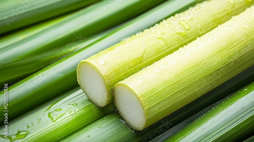 Freshly cut fresh sugarcane stalks with water droplets on bright green background photo