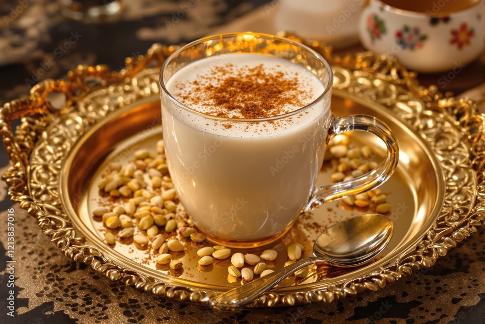 Aromatic Salep Drink with Pistachios and Cinnamon on Golden Tray Aromatic Salep Drink with Pistachios and Cinnamon on Golden Tray