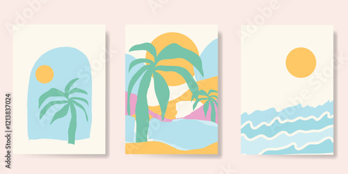Abstract summer background poster vector. Minimal hand drawn wallpaper design with coconut tree, sun, sea, star fish, scallop. Ocean painting for summer season, wall decoration, interior, background.