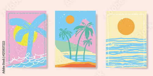Abstract summer background poster vector. Minimal hand drawn wallpaper design with coconut tree, sun, sea, star fish, scallop. Ocean painting for summer season, wall decoration, interior, background.