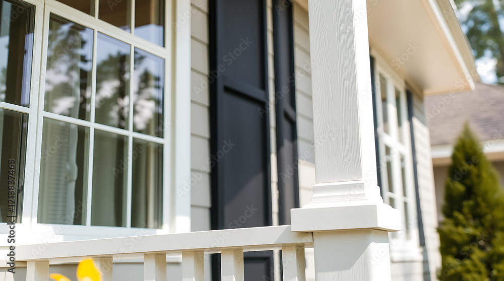 Dream House Exterior: Modern Home Design with White Porch and Classic Architecture. Perfect for Real Estate and Home Design Inspiration. Dream House Exterior: Modern Home Design with White Porch and Classic Architecture. Perfect for Real Estate and Home Design Inspiration.