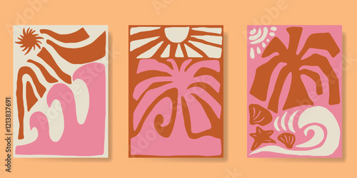 Abstract summer background poster vector. Minimal hand drawn wallpaper design with coconut tree, sun, sea, starfish, scallop. Ocean painting for summer season, wall decoration, interior, background.