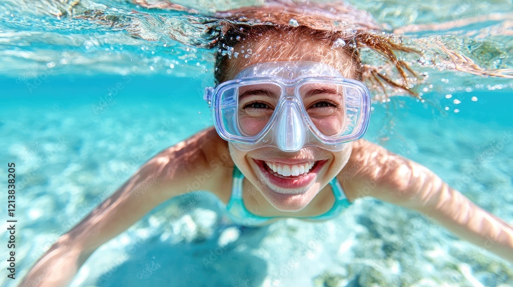 Naklejka premium Underwater snorkeling girl smiles, ocean background, summer fun, travel photo