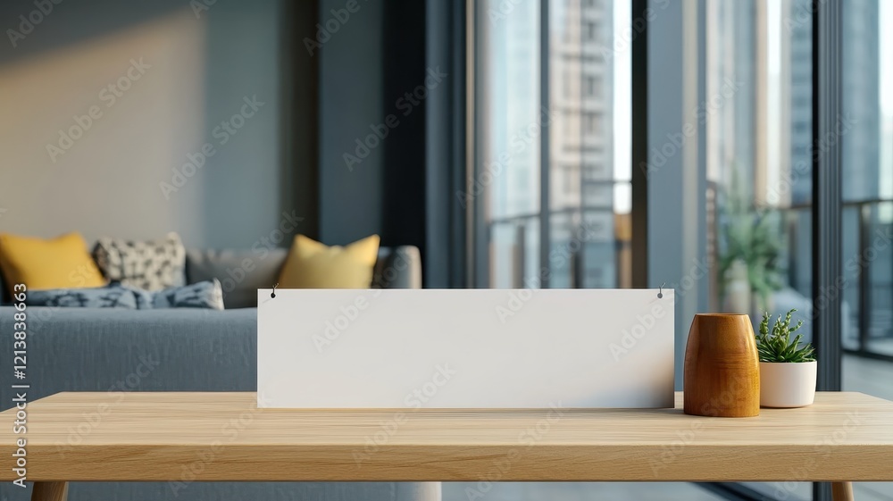 Fototapeta premium Blank banner on a tabletop, ready for customization and creative displays in a modern setting.
