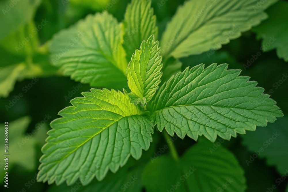 Lush green mint leaves close-up, garden background, herbal product Lush green mint leaves close-up, garden background, herbal product