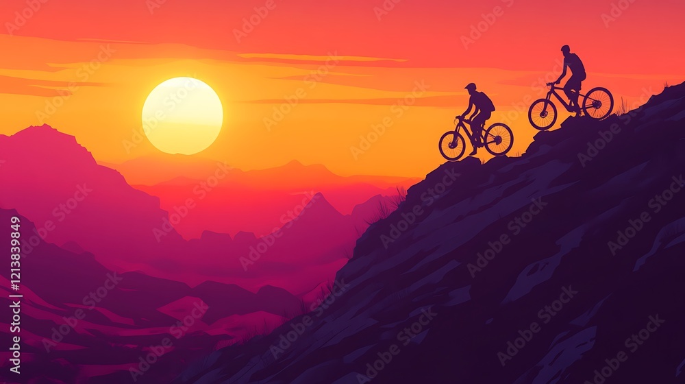 Fototapeta premium Sunset Mountain Biking Adventure: Silhouette of Cyclist on Clifftop at Golden Hour