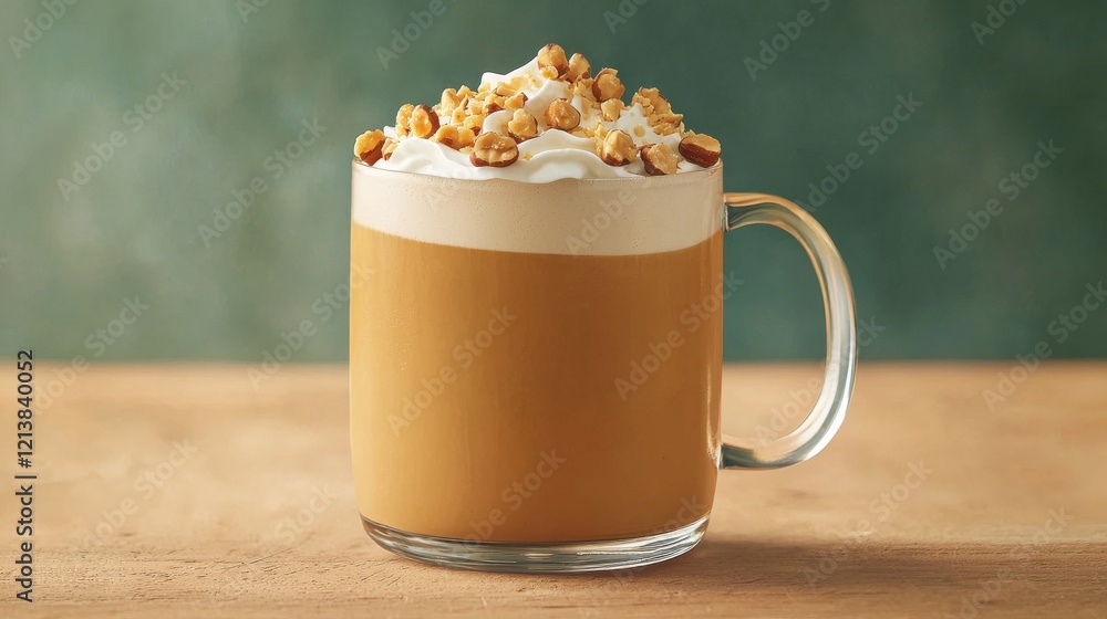 Savor indulgent hazelnut coffee latte in cozy setting whipped cream topped in clear glass mug close-up view for ultimate comfort
