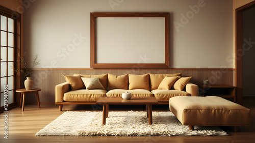 Wallpaper Mural Serene Living Room: A minimalist living room design featuring a mustard yellow sofa, wooden accents, and a large empty frame, creating a calming and sophisticated atmosphere.  Torontodigital.ca