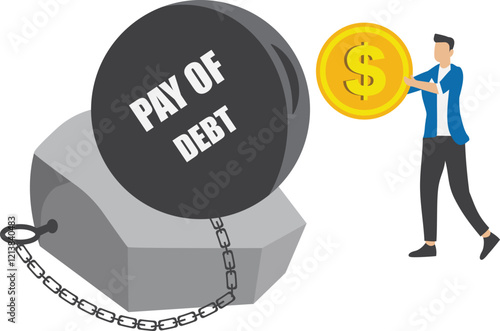 Pay off debt, deficit or borrowing due, managing debt, pay off business debt, responsibility to pay debtor, reduce the burden of obligations, businessmen include gold coins in debt burden