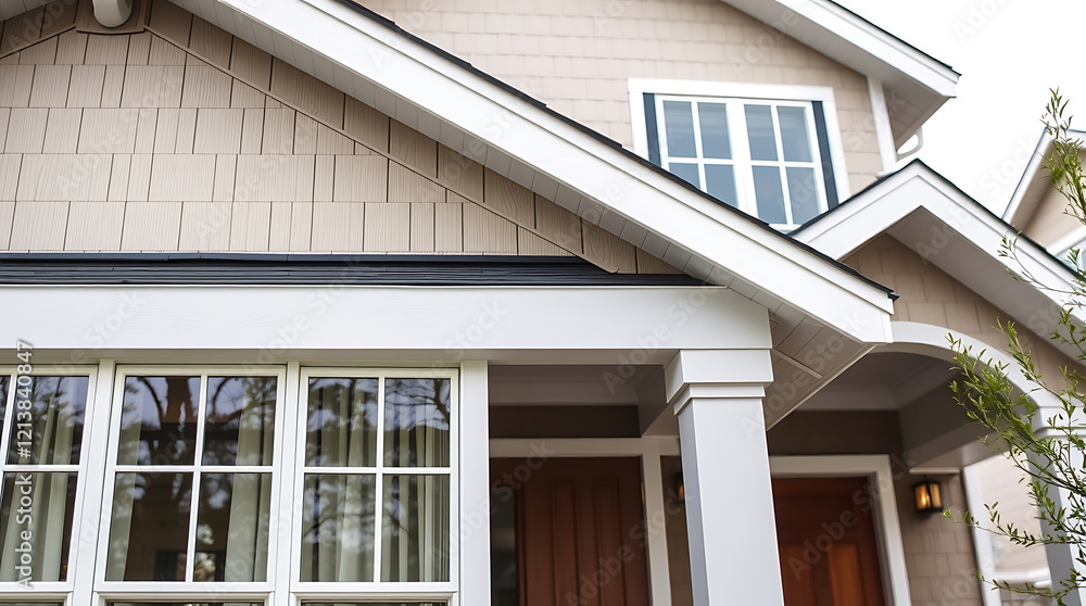 Modern House Exterior: Beige Siding, White Trim, and a Classic Design. The image showcases the architectural details of a modern house, including its siding, windows, and roofline. Modern House Exterior: Beige Siding, White Trim, and a Classic Design. The image showcases the architectural details of a modern house, including its siding, windows, and roofline.