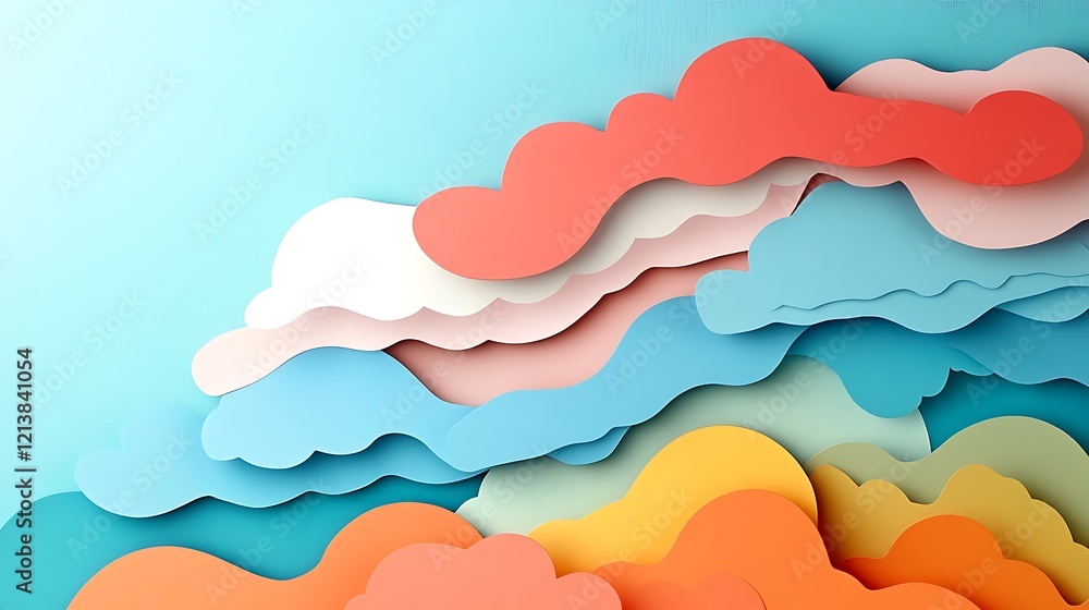 An abstract paper cut of colorful clouds symbolizing uplifting thoughts, with subtle textures and gentle highlights, against a serene backdrop, with the space for text. An abstract paper cut of colorful clouds symbolizing uplifting thoughts, with subtle textures and gentle highlights, against a serene backdrop, with the space for text.