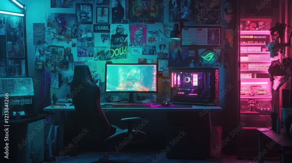 Cyberpunk gamer workspace with computer on the desk and RGB lights Cyberpunk gamer workspace with computer on the desk and RGB lights