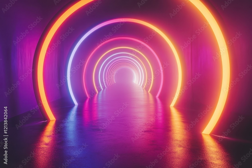 Fototapeta premium Colorful neon tunnel illuminated by vibrant glowing circles at night creating a surreal atmosphere inviting exploration. Generative AI