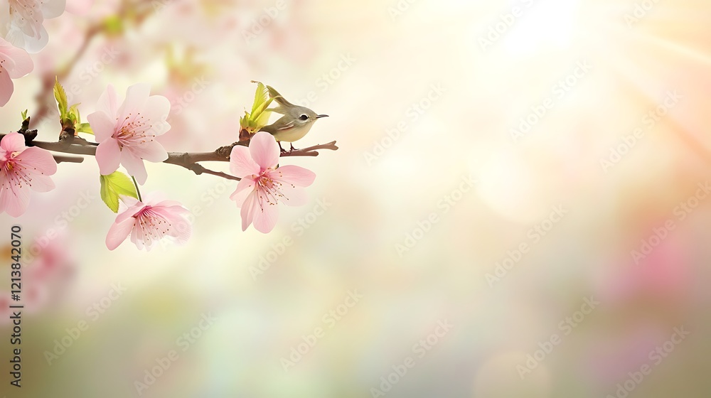 A tiny bird rests on delicate pink blossoms A tiny bird rests on delicate pink blossoms