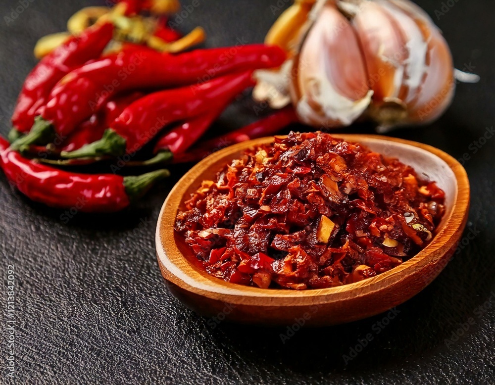Chili Oil Spicy Oil in jar on kitchen table Chili Oil Spicy Oil in jar on kitchen table